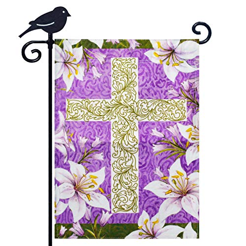 LAYOER Burlap home Garden Flag Easter Lilies 12.5x18 Inch Double Side Cross Religious Spring Flowers yard Outdoor banner
