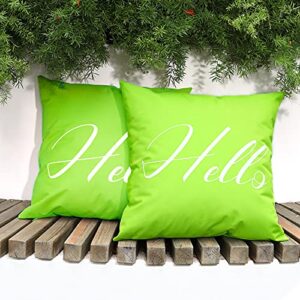 lewondr waterproof throw pillow cover, 2 pack hello printing outdoor throw pillow case uv protection garden cushion cover for patio sofa couch balcony decor 18″x18″(45x45cm), fluorescent green