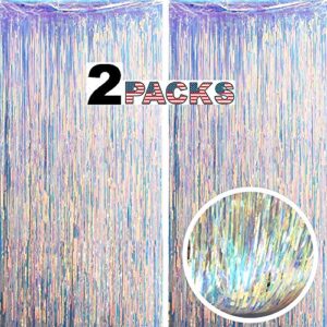 lilf gorgeous holographic iridescent fringe curtain – 2 pack of 8.3ft x 3.3ft tinsel streamer for wedding birthday party bridal/baby shower christmas photo booth backdrop decoration