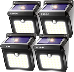 zookki solar outdoor lights -120° illumination solar motion sensor lights outdoor – ip65 waterproof wireless security outdoor solar powered lights for garden fence patio deck（28led 4-pack）