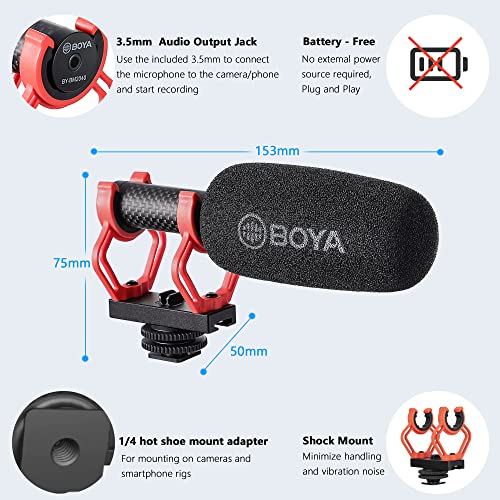 BOYA BY-BM2040 Camera Microphone External Shotgun Microphone with Shock Mount for Cameras DSLR Phone Camcorder Universal Super Cardioid Video Mic for Video Recording Interview YouTube Vlogging