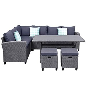 fzzdp 5 pcs outdoor conversation set patio furniture set all weather wicker sectional couch sofa dining table chair w/ottoman&pillow (color : d)
