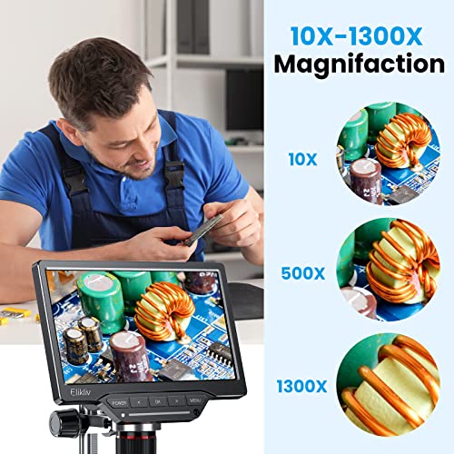 Elikliv EDM201 Pro HDMI Digital Microscope with 10 Inch Stand - 1300X Coin Microscope with Screen, 16MP Resolution, 7" IPS Display, 10 LEDs, TV/Windows/Mac Compatible