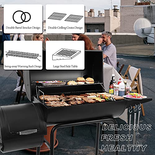 Royal Gourmet CC1830R 30-Inch Barrel Charcoal Grill with Offset Smoker, 811 Square Inches Cooking Area in Total for Outdoor Garden Patio and Backyard Cooking, Black