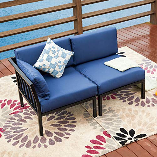LOKATSE HOME 2 Piece Patio Furniture Corner Sofa Sectional Outdoor Loveseat Armchiar and Armless Sets Metal Steel Frame with Comfy Cushions, Blue