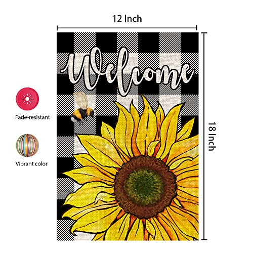 CROWNED BEAUTY Summer Bee Garden Flag Sunflower Buffalo Plaid Yard 12x18 Inch Small Double Sided Outside Farmhouse Party Décor