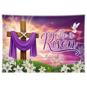 ZTHMOE 68x45inch Fabric He is Risen Easter Backdrop Spring Christian Cross Lily Jesus Photography Background Religious Party Decorations Photo Banner Booth Props