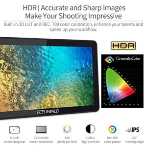 FEELWORLD F6 Plus 6 inch DSLR Camera Field Touch Screen Monitor with HDR 3D Lut Small Full HD 1920x1080 IPS Video Peaking Focus Assist 4K HDMI 8.4V DC Input Output Include Tilt Arm