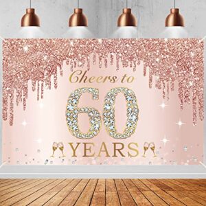 large cheers to 60 years birthday decorations for women, pink rose gold happy 60th birthday banner backdrop party supplies, sixty birthday poster background sign decor