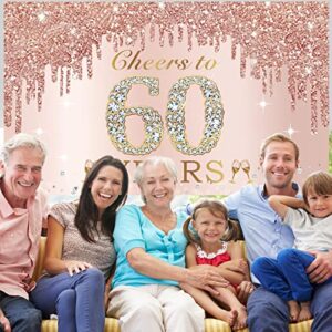 Large Cheers to 60 Years Birthday Decorations for Women, Pink Rose Gold Happy 60th Birthday Banner Backdrop Party Supplies, Sixty Birthday Poster Background Sign Decor