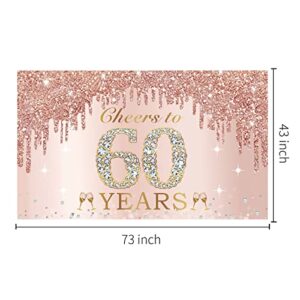 Large Cheers to 60 Years Birthday Decorations for Women, Pink Rose Gold Happy 60th Birthday Banner Backdrop Party Supplies, Sixty Birthday Poster Background Sign Decor