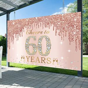 Large Cheers to 60 Years Birthday Decorations for Women, Pink Rose Gold Happy 60th Birthday Banner Backdrop Party Supplies, Sixty Birthday Poster Background Sign Decor