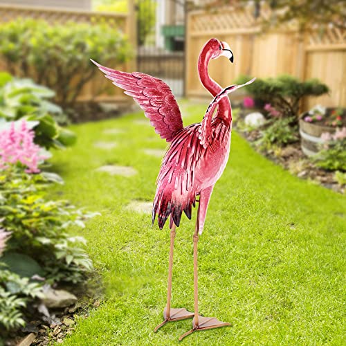 Natelf Garden Flamingo Statues and Sculptures, Outdoor Metal Bird Yard Art, Pink Flamingo Lawn Ornament for Patio Backyard Porch Decorations