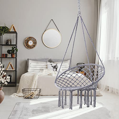 HBlife Hammock Chair, Hanging Swing with Macrame, Max 330 Lbs, Grey Hanging Cotton Rope Chair for Indoor, Outdoor, Bedroom, Patio, Yard, Deck, Garden and Porch, for Child