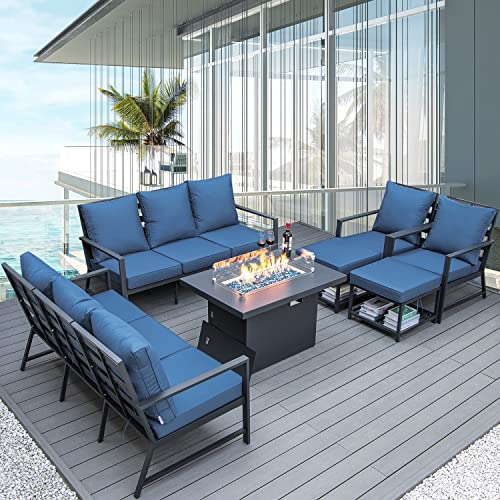 NICESOUL Outdoor Aluminum Furniture with Firepit Patio Conversation Sets with 43" Propane Fire Pit Table Luxury Sectional Sofa Set with Blue Cushions for Yard Pool Garden