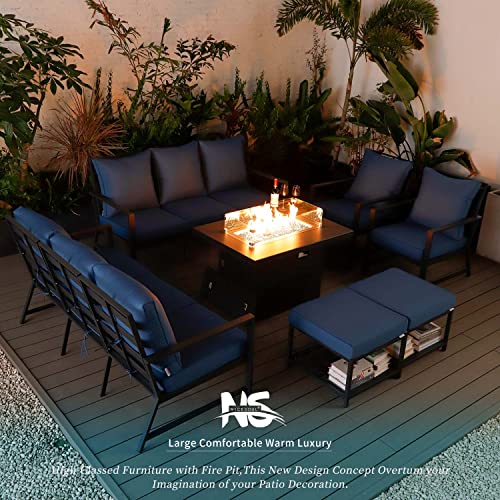 NICESOUL Outdoor Aluminum Furniture with Firepit Patio Conversation Sets with 43" Propane Fire Pit Table Luxury Sectional Sofa Set with Blue Cushions for Yard Pool Garden
