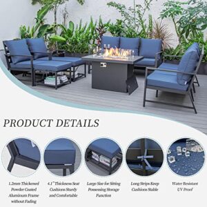 NICESOUL Outdoor Aluminum Furniture with Firepit Patio Conversation Sets with 43" Propane Fire Pit Table Luxury Sectional Sofa Set with Blue Cushions for Yard Pool Garden