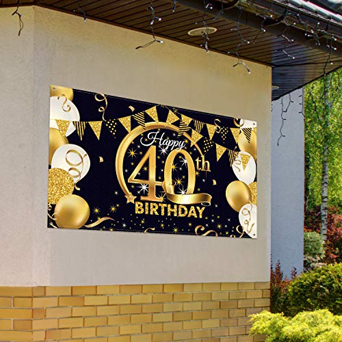 40th Birthday Party Decoration, Extra Large Fabric Black Gold Sign Poster for 40th Anniversary Photo Booth Backdrop Background Banner, 40th Birthday Party Supplies, 72.8 x 43.3 Inch (Style B)