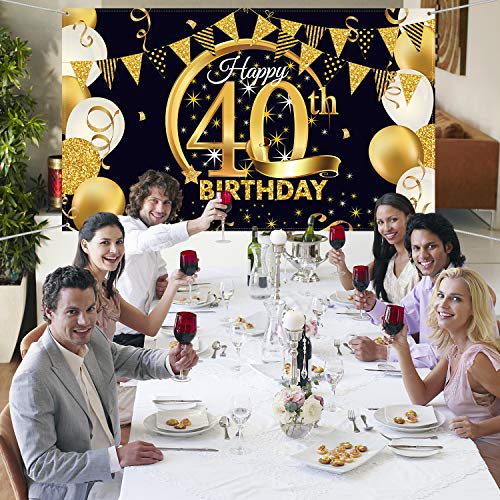 40th Birthday Party Decoration, Extra Large Fabric Black Gold Sign Poster for 40th Anniversary Photo Booth Backdrop Background Banner, 40th Birthday Party Supplies, 72.8 x 43.3 Inch (Style B)