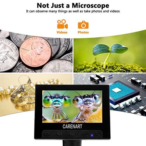 4.3 Inch Digital Microscope, Carenart Coin Microscope with 32GB TF Card 50X-1000X Magnification with 8 Adjustable LED Lights for Adults Kids Outside and Home Use