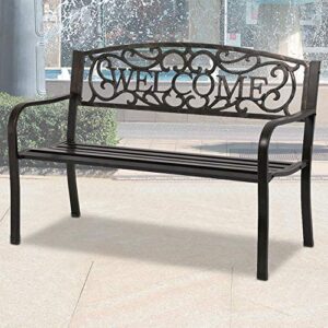 dkeli garden patio bench outdoor metal park bench furniture sturdy cast iron 50″ porch chair seat with armrests 480bls bearing capacity for park yard deck entryway