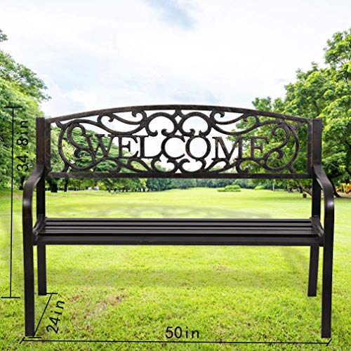 Dkeli Garden Patio Bench Outdoor Metal Park Bench Furniture Sturdy Cast Iron 50" Porch Chair Seat with Armrests 480BLS Bearing Capacity for Park Yard Deck Entryway