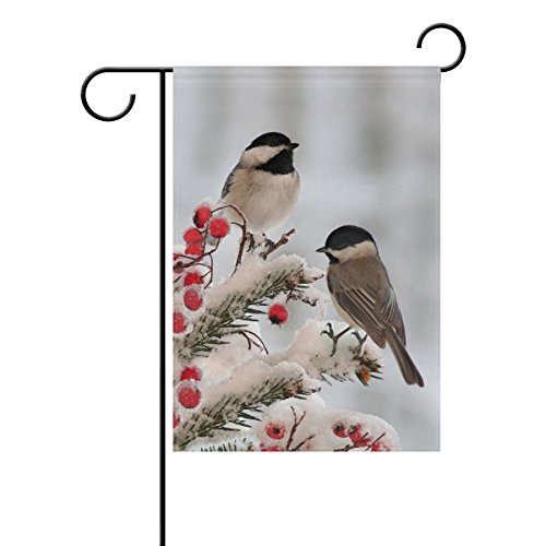 ALAZA Double Sided White Black Tow Cute Chickadees in Winter Snow Polyester Garden Flag Banner 12 x 18 Inch for Outdoor Home Garden Flower Pot Decor