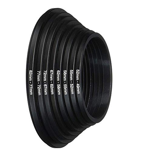 Fotasy Filter Step Down Ring Set, Anodized Metal Black, 8 Stepping Down Lens Adapter Rings, 82-77mm 77-72mm 72-67mm 67-62mm 62-58mm 58-55mm 55-52mm 52-49mm Step Down Ring (SRD)