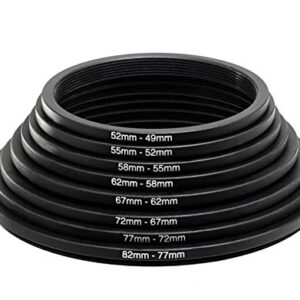 Fotasy Filter Step Down Ring Set, Anodized Metal Black, 8 Stepping Down Lens Adapter Rings, 82-77mm 77-72mm 72-67mm 67-62mm 62-58mm 58-55mm 55-52mm 52-49mm Step Down Ring (SRD)