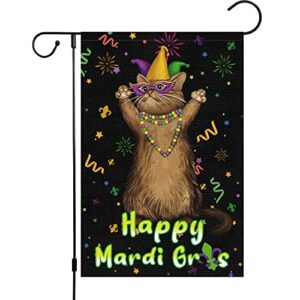 mardi gras garden flag 12×18 double sided vertical, burlap small masquerade cat garden yard house flags fleur de lis beads outside outdoor new orleans carnival decoration (only flag)
