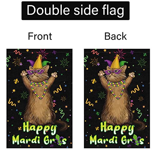 Mardi Gras Garden Flag 12x18 Double Sided Vertical, Burlap Small Masquerade Cat Garden Yard House Flags Fleur de Lis Beads Outside Outdoor New Orleans Carnival Decoration (ONLY FLAG)