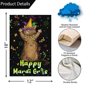 Mardi Gras Garden Flag 12x18 Double Sided Vertical, Burlap Small Masquerade Cat Garden Yard House Flags Fleur de Lis Beads Outside Outdoor New Orleans Carnival Decoration (ONLY FLAG)