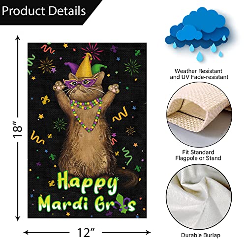 Mardi Gras Garden Flag 12x18 Double Sided Vertical, Burlap Small Masquerade Cat Garden Yard House Flags Fleur de Lis Beads Outside Outdoor New Orleans Carnival Decoration (ONLY FLAG)