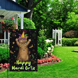 Mardi Gras Garden Flag 12x18 Double Sided Vertical, Burlap Small Masquerade Cat Garden Yard House Flags Fleur de Lis Beads Outside Outdoor New Orleans Carnival Decoration (ONLY FLAG)