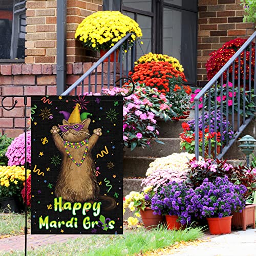 Mardi Gras Garden Flag 12x18 Double Sided Vertical, Burlap Small Masquerade Cat Garden Yard House Flags Fleur de Lis Beads Outside Outdoor New Orleans Carnival Decoration (ONLY FLAG)