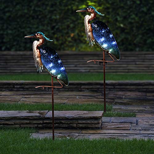 TERESA'S COLLECTIONS Garden Decor for Outside Blue Heron Solar Lights, 42 Inch Glass Lawn Ornaments with Outdoor Lights Decorative Stake, Landscape Pathway Yard Art for Patio Decorations