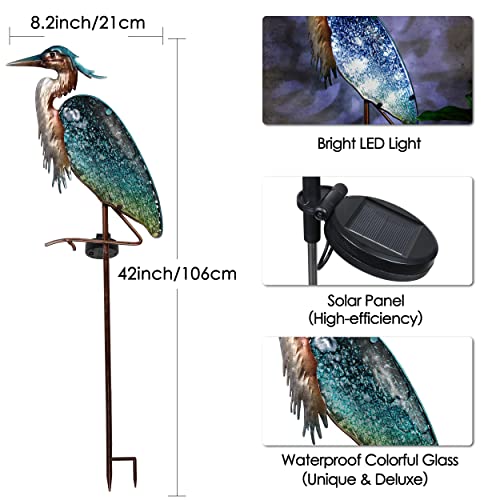 TERESA'S COLLECTIONS Garden Decor for Outside Blue Heron Solar Lights, 42 Inch Glass Lawn Ornaments with Outdoor Lights Decorative Stake, Landscape Pathway Yard Art for Patio Decorations
