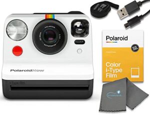 polaroid now i-type instant film camera – black & white bundle with a color i-type film pack (8 instant photos) and a lumintrail cleaning cloth