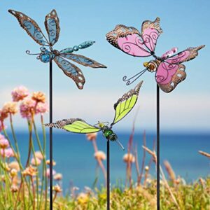 juegoal 34 inch butterfly garden stakes decor, dragonfly hummingbird stakes, glow in dark metal yard art for mom, mothers day ideal gifts, indoor outdoor lawn pathway patio ornaments, set of 3