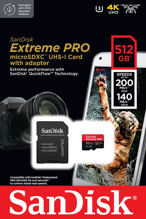 SanDisk 512GB Extreme Pro Durable, Captures 4K UHD Video, 200MB/s Read and 140MB/s Write microSD UHS-I Card for Recording Outdoor Adventures and Weekend Trips