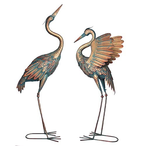 Oritty 33-37 Inch Metal Crane Garden Statue Décor, Bird Heron Garden Sculpture & Statues, Outdoor Decoration for Yard Pond Lawn Backyard Pool, Vintage Spread Wings Crane, Set of 2 Copper