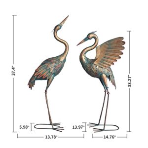 Oritty 33-37 Inch Metal Crane Garden Statue Décor, Bird Heron Garden Sculpture & Statues, Outdoor Decoration for Yard Pond Lawn Backyard Pool, Vintage Spread Wings Crane, Set of 2 Copper