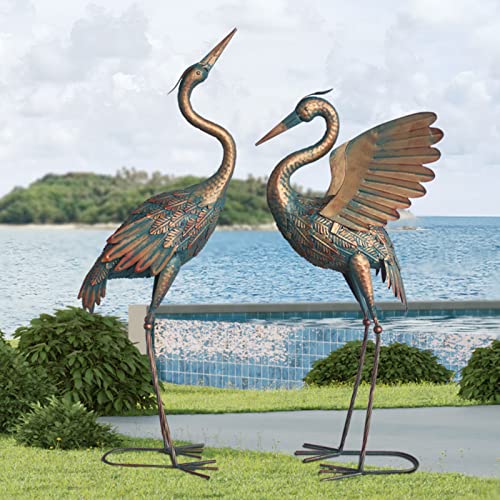 Oritty 33-37 Inch Metal Crane Garden Statue Décor, Bird Heron Garden Sculpture & Statues, Outdoor Decoration for Yard Pond Lawn Backyard Pool, Vintage Spread Wings Crane, Set of 2 Copper