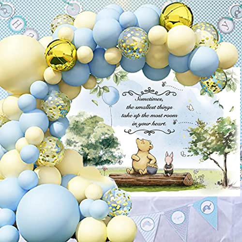 Classic Little Bear Cartoon Animal Backdrop Boy Kids Blue Balloon Birthday Photo Background Newborn Baby Shower Party Supplies Cake Table Decoration Backdrop 7x5FT