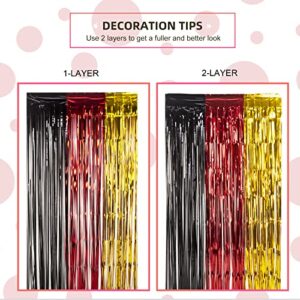 LOLStar 3 Pack Mickey Birthday Party Supplies, 3.3x6.6 ft Black Red Gold Tinsel Foil Fringe Curtains, Cartoon Mouse Photo Booth Prop Streamer Backdrop, Mickey Birthday Party Decoration for Boys Babies