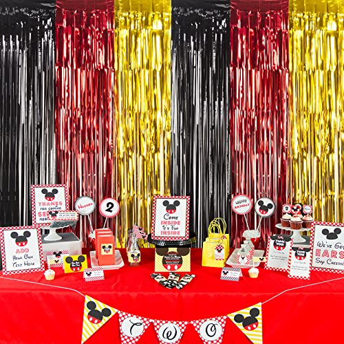 LOLStar 3 Pack Mickey Birthday Party Supplies, 3.3x6.6 ft Black Red Gold Tinsel Foil Fringe Curtains, Cartoon Mouse Photo Booth Prop Streamer Backdrop, Mickey Birthday Party Decoration for Boys Babies