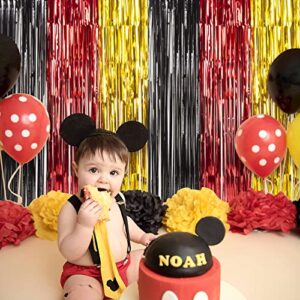 LOLStar 3 Pack Mickey Birthday Party Supplies, 3.3x6.6 ft Black Red Gold Tinsel Foil Fringe Curtains, Cartoon Mouse Photo Booth Prop Streamer Backdrop, Mickey Birthday Party Decoration for Boys Babies