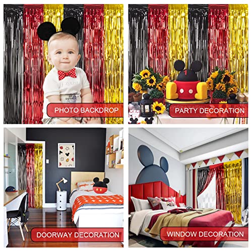 LOLStar 3 Pack Mickey Birthday Party Supplies, 3.3x6.6 ft Black Red Gold Tinsel Foil Fringe Curtains, Cartoon Mouse Photo Booth Prop Streamer Backdrop, Mickey Birthday Party Decoration for Boys Babies