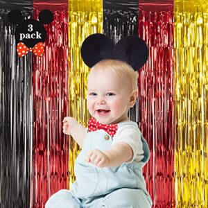 LOLStar 3 Pack Mickey Birthday Party Supplies, 3.3x6.6 ft Black Red Gold Tinsel Foil Fringe Curtains, Cartoon Mouse Photo Booth Prop Streamer Backdrop, Mickey Birthday Party Decoration for Boys Babies