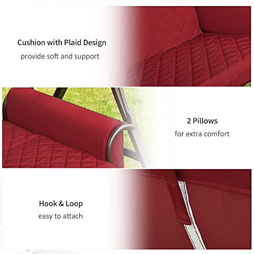 Outsunny 3-Seat Patio Swing Chair, Converting Flatbed, Outdoor Porch Swing Glider with Adjustable Canopy, Removable Cushions, Pillows for Garden, Poolside, Backyard, Red